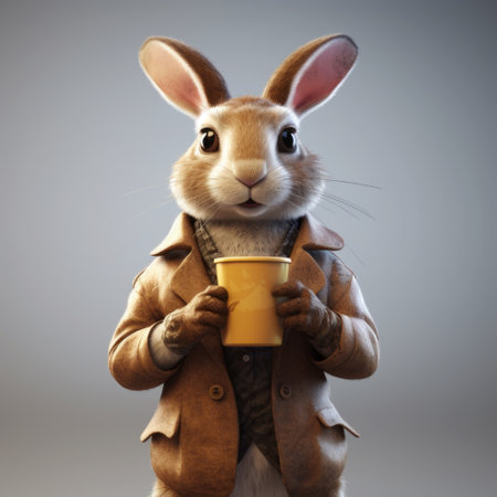 a hyper-realistic 3d rendering of a rabbit holding a hot coffee mug and engaging in conversation with people. the scene is set against a white background and created in the style of unreal engine, sketchfab, hyper-realistic, pseudo-realistic, and hyper-realistic oil. ai generatedの素材