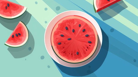 a modern 2d vector illustration of a watermelon on a table on a sunny day in greece. the illustration features a flat graphic style with light colors, partially blue and white, and a single color background. the top view of the watermelon is shown in a less detailed manner. ai generatedの素材