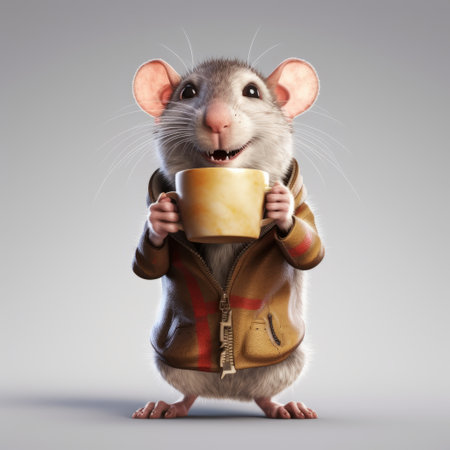 a hyper-realistic 3d model of a rat holding a hot coffee mug and having a conversation with people on a white background. the model is created in the style of unreal engine, sketchfab, and hyper-realistic oil paintings. ai generatedの素材