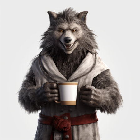 a hyper-realistic 3d model of a wolf holding a hot coffee mug and having a conversation with people. the scene is set against a white background and created in the style of unreal engine. the model is available on sketchfab and features pseudo-realistic and hyper-realistic oil textures. ai generatedの素材
