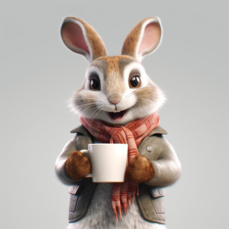a hyper-realistic 3d rendering of a rabbit holding a hot coffee mug and engaging in conversation with people against a white background. the style is inspired by unreal engine, sketchfab, and hyper-realistic oil paintings. ai generatedの素材
