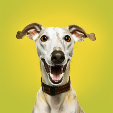 a greyhound breed dog with a cheerful expression on a solid color background. ai generatedの素材
