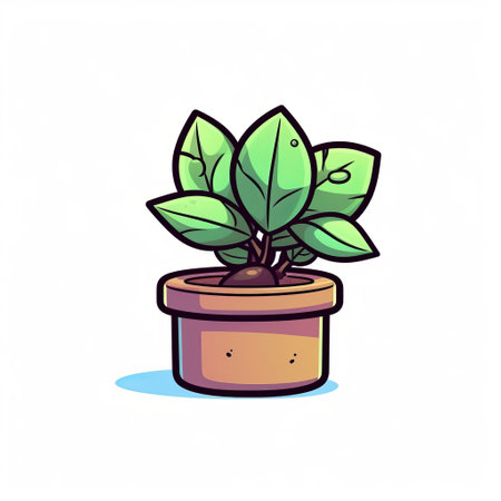 this is a 2d sprite of a smart plant pot, designed in a comic style and viewed from the side. the sprite is placed on a white background. ai generatedの素材
