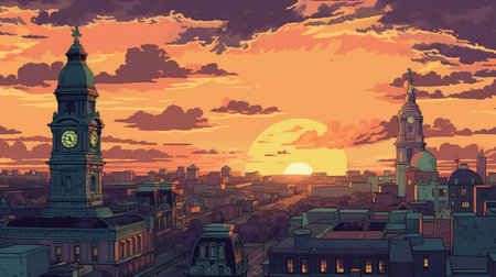 experience the beauty of philadelphia's sunset in the 1770s through a stunning pixel art close-up. the retro tones and illustration style will transport you back in time. ai generatedの素材