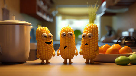 in this pixar-style scene by paul wong, we see two corn friends with eyes chatting with each other in a kitchen background. the dusty piles and low depth of field add to the charm of the scene. ai generatedの素材