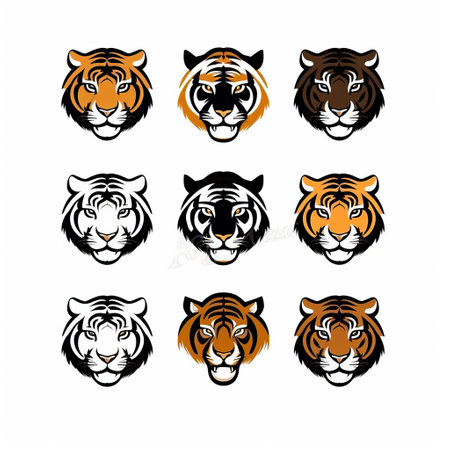 this collection features a set of tiger logos, all isolated on a white background. perfect for businesses or organizations looking for a fierce and powerful image. ai generatedの素材