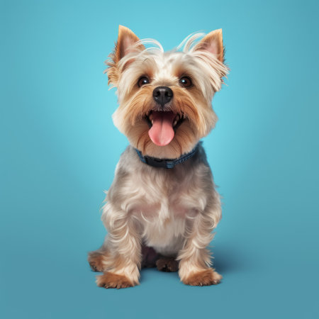 a cute yorkshire terrier breed dog with a happy expression photographed against a solid color background. ai generatedの素材