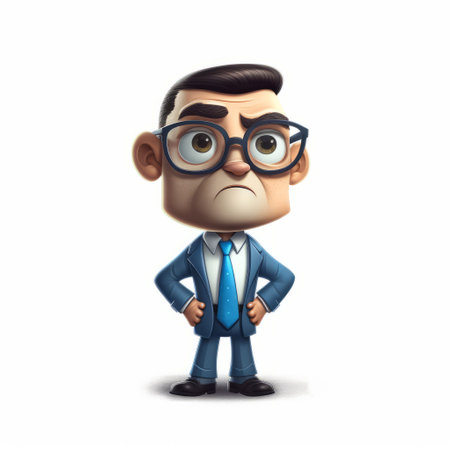a cartoon illustration of a boxer wearing a suit, with blue eyes and glasses, looking analytical. ai generatedの素材