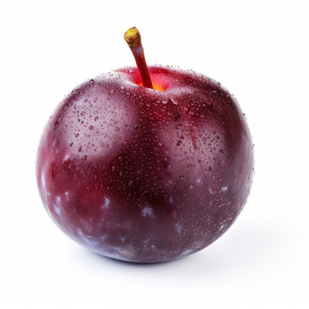 a single plum fruit is captured on a white background, highlighting its vibrant purple color and smooth texture. ai generatedの素材