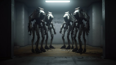 in a creepy scene, exoskeleton robots with an inner glow huddle together in a dark concrete room. ai generatedの素材