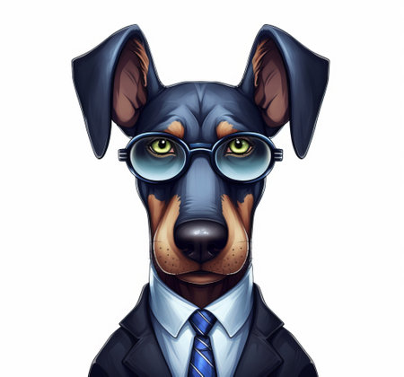 a fun and quirky cartoon of a doberman pinscher dressed in a suit, sporting blue eyes and glasses, and looking analytical. ai generatedの素材