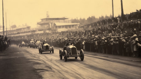 a vintage picture from the 1910s showing the japanese grand prix team participating in the french grand prix. ai generatedの素材