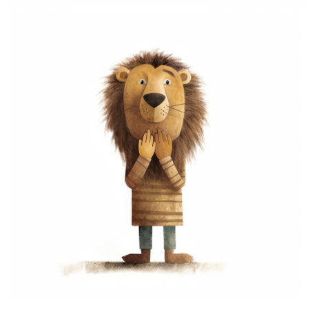 a stunning piece of art by jon klassen featuring a lion putting its hand in its mouth, accompanied by a snicker emoji and set against a plain background. ai generatedの素材