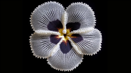 this pansy is made out of a very simple bobbin lace pattern, with a big and easy-to-follow design. the flower is white and stands out beautifully against the dark background. ai generatedの素材