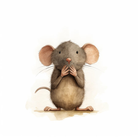 a humorous illustration by jon klassen depicts a mouse putting its hand in its mouth, accompanied by a snickering emoji. the artwork has no background. ai generatedの素材
