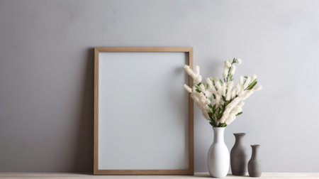 a blank wooden frame stands on a board on the gray wall, with a snapdragon in front of it. the natural light adds to the beauty of this wall decor shot. ai generatedの素材