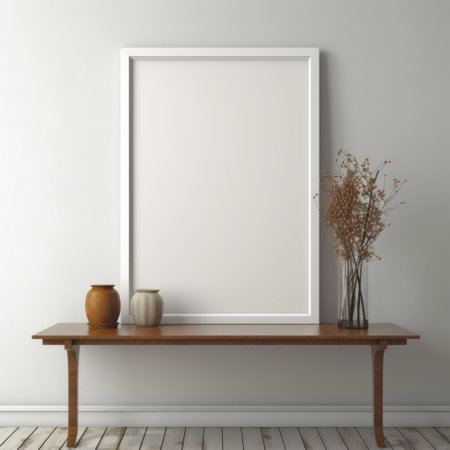 a white wall serves as the backdrop for a portrait picture frame hanging on a table. the frame is the only object in the picture. ai generatedの素材