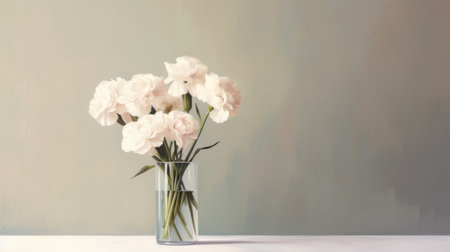 this painting features a modern and minimalistic carnation arrangement in a vase. the clean lines and simple color palette create a focused atmosphere on the subject, with details taking center stage. the neutral color tone and soft lighting add to the minimalist approach, capturing the essence of modern portraiture. ai generatedの素材