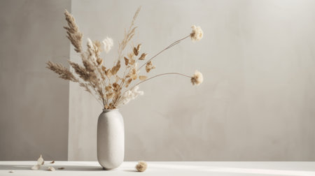 this painting features a modern and minimalistic dried flower arrangement in a vase. the portrait is styled with clean lines and a simple color palette, with a focus on the subject's details. the color tone is neutral, with shades of white and grey, and the lighting is soft and subtle. ai generatedの素材