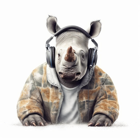 a unique and creative depiction of a rhinoceros as a deejay, set against a clean white background. perfect for music lovers and animal enthusiasts alike. ai generatedの素材