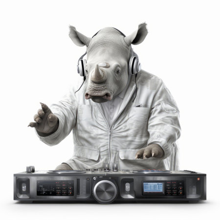 a unique and creative depiction of a rhinoceros as a deejay, set against a clean white background. this artwork is sure to catch the eye and spark conversation. ai generatedの素材