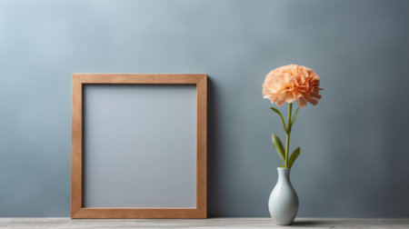 a blank wooden frame stands on a board on the gray wall, accessorized with a single carnation in front of it. the shot is taken in natural light. ai generatedの素材
