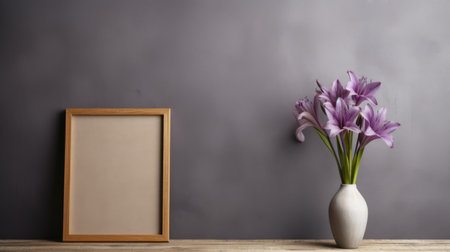 a blank wooden frame stands on a gray wall board with a single iris in front of it. the natural light adds to the minimalist aesthetic. ai generatedの素材