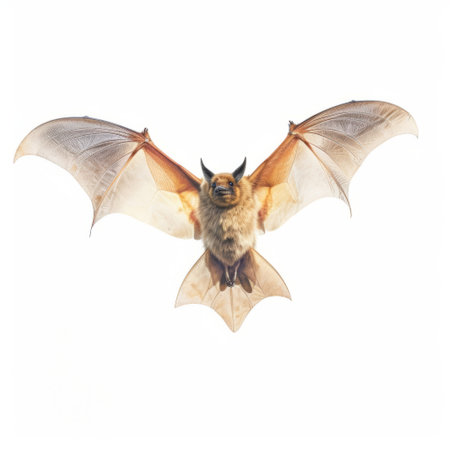 a beautiful painting of a sparrow bat with wings spread in the style of ambrosius bosschaert. the painting is set against a clear and white background with golden hour lighting, creating a stunning visual effect. the wide angle full body shot captures the beauty of the sparrow bat in full detail. ai generatedの素材