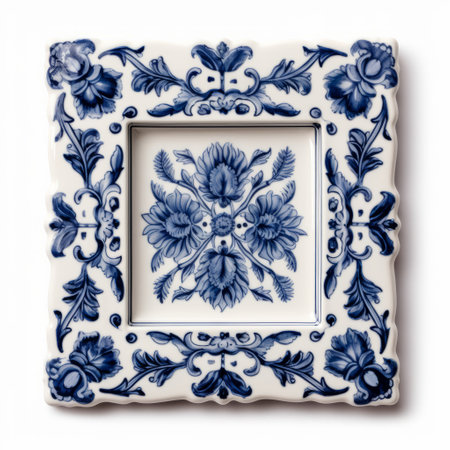 this picture frame showcases a beautiful vintage delft tile on a clean white background. the tile features shades of blue and creamy white, adding a touch of elegance to any room. ai generatedの素材