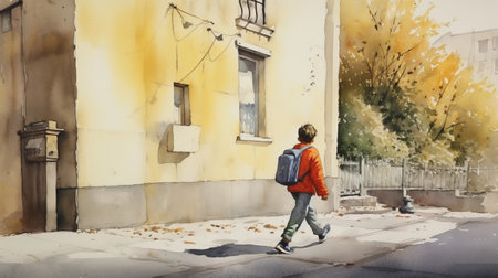 a beautiful watercolor painting of joseph walking on the sidewalk. the colors are vibrant and the brushstrokes are fluid, capturing the movement of joseph's steps. ai generatedの素材
