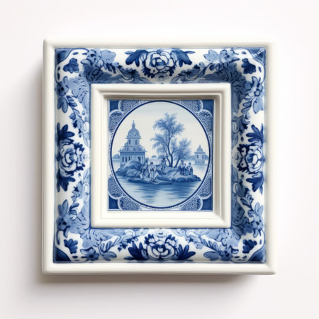 this picture frame showcases a beautiful vintage delft tile on a clean white background. the tile features shades of blue and creamy white, adding a touch of elegance to any room. ai generatedの素材