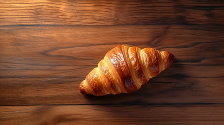 a delicious croissant placed on a wooden table, captured from a top view angle. the pastry looks freshly baked and ready to be enjoyed with a cup of coffee or tea. ai generatedの素材