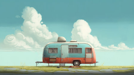 experience the adventure of a lifetime with our rvs designed in the style of oliver jeffers. explore the great outdoors with comfort and style. ai generatedの素材