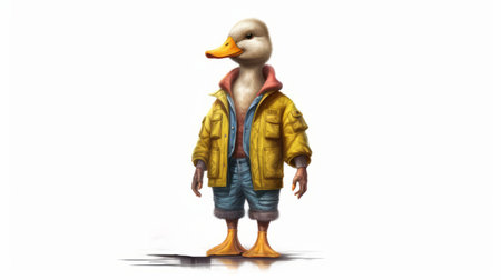 a duck dressed in overalls like a human is getting ready to go to work. the duck appears distant. ai generatedの素材