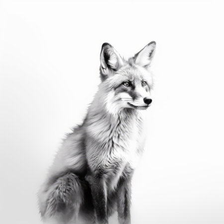 this art piece features a fox in black and white, created with minimalist strokes and bold saturation. the artist is a realist who values lifelike accuracy in their work, while also appreciating abstract minimalism. they are skilled in framing and creating hyper-realistic atmospheres, often using rim light to enhance their subjects. ai generatedの素材