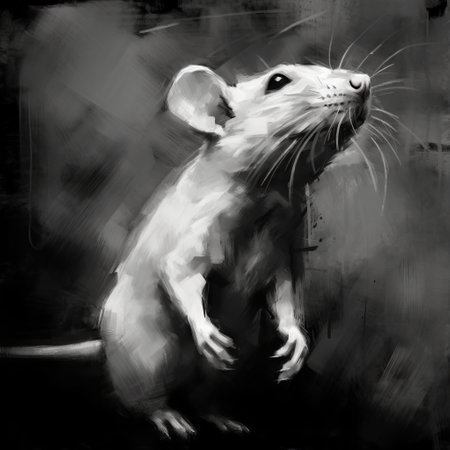 this artwork features a black and white rat with lifelike accuracy, framed in a minimalist stroke style. the bold saturation and hyper-realistic atmosphere make it a perfect piece for abstract minimalism appreciators. the artist is known for their innovative use of rim light. ai generatedの素材