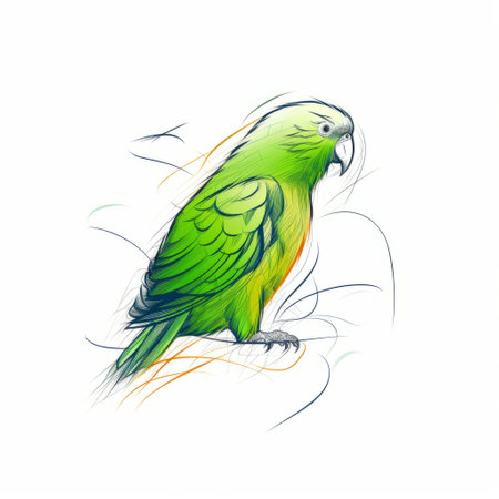 this sketch features a parrot in side view with a green and white color scheme. the parrot is positioned before a cloud and is depicted with a thick line style. the sketch is of the best quality and is available in 8k resolution. ai generatedの素材