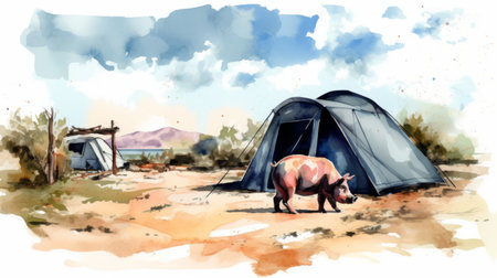 this vector graphic depicts a pig standing in front of a campsite. the watercolor effect adds a touch of whimsy to the image. ai generatedの素材
