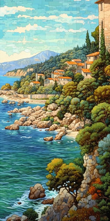 experience the beauty of the fjord in provence through pixel art in the style of the san francisco renaissance. this 32k uhd artwork by hirohiko araki features realist detail and detailed atlantic ocean views. the work is inspired by the exotic art of simeon solomon. ai generatedの素材