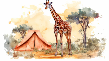 this vector graphic features a beautifully painted giraffe in front of a campsite. the contour lines add depth and texture to the design. ai generatedの素材