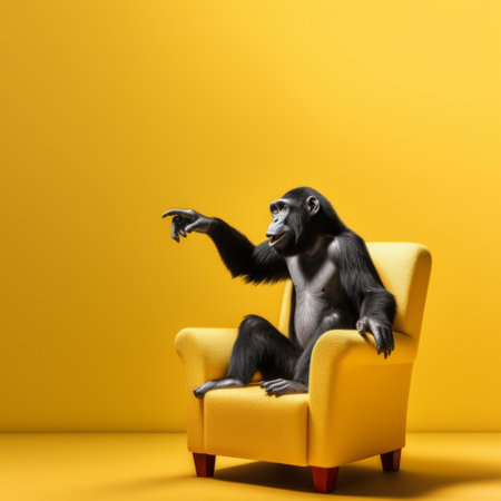 a high-quality picture featuring a chimp and penguin pointing at a yellow chair on a yellow background. the picture is rendered in a cinematic 3d style with excellent lighting. ai generatedの素材