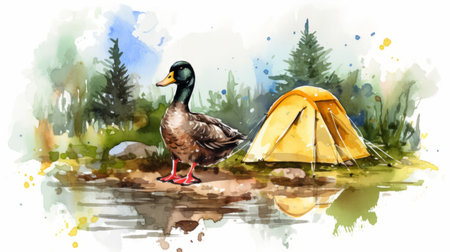 this vector graphic features a beautifully painted watercolor duck standing in front of a campsite. the image is outlined in a contour style, giving it a unique and artistic look. ai generatedの素材
