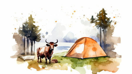 a beautiful watercolor graphic of a cow standing in front of a campsite. the image is available in vector and contour formats. ai generatedの素材