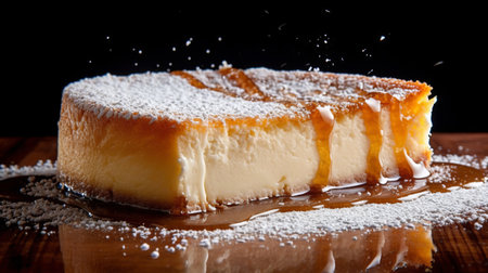 this cheesecake is beautifully backlit to enhance its caramelized sweetness, with a delicate dusting of powdered sugar. ai generatedの素材