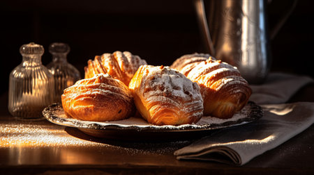 enjoy the caramelized sweetness of these beautifully backlit pastries with a delicate dusting of powdered sugar. ai generatedの素材