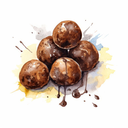 a top view of truffles with a chocolate glaze painted in watercolor style on a white background. ai generatedの素材