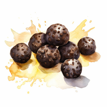 a top view of truffles with a chocolate glaze painted in watercolor style on a white background. ai generatedの素材