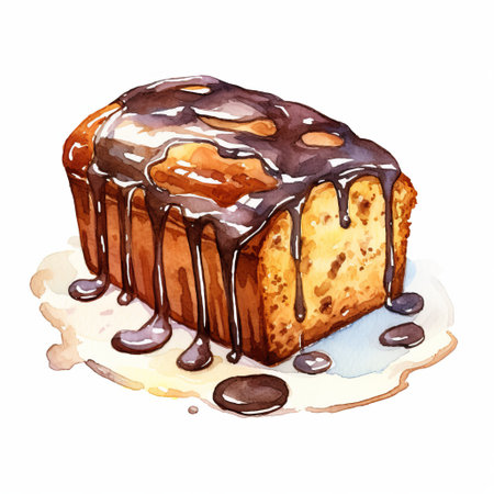 a top view of a delicious banana bread with a chocolate glaze, painted in a beautiful watercolor style. the white background makes the bread stand out even more. ai generatedの素材