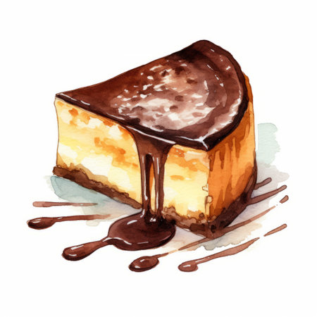 a delicious cheesecake with a chocolate glaze, painted in a beautiful watercolor style. the cake is viewed from the top and placed on a white background. ai generatedの素材