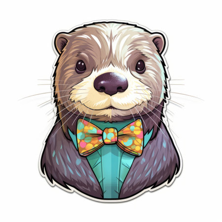this colorful sticker features a detailed otter wearing a bow tie in an algorithmic art style. the design is created using vector contour lines and is set against a white background with no shadow. ai generatedの素材